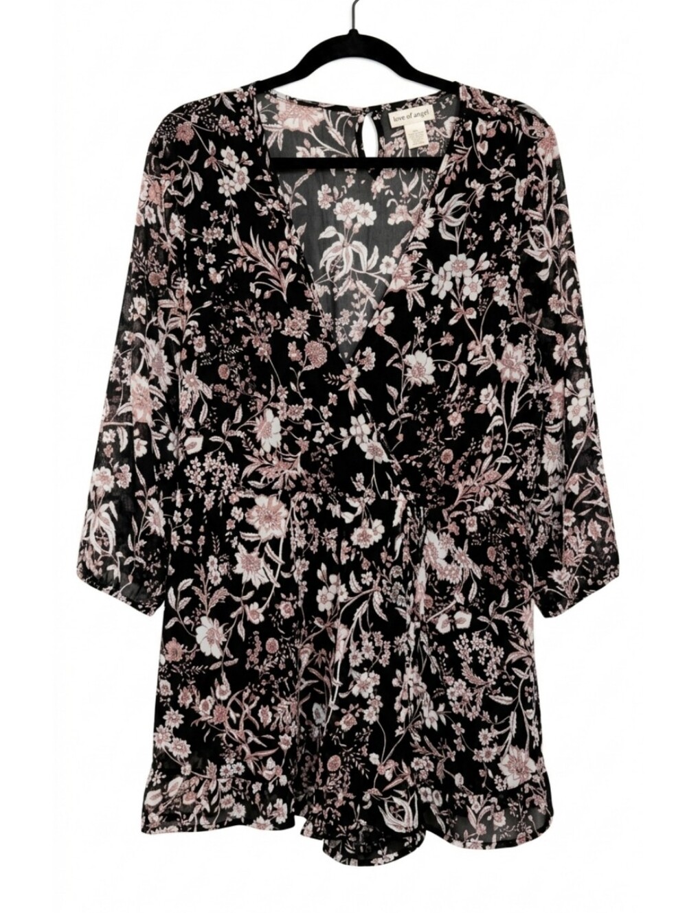Band Of Gypsies Sheer Floral Romper Tie Wrap Ruffled Womens Size Large Black